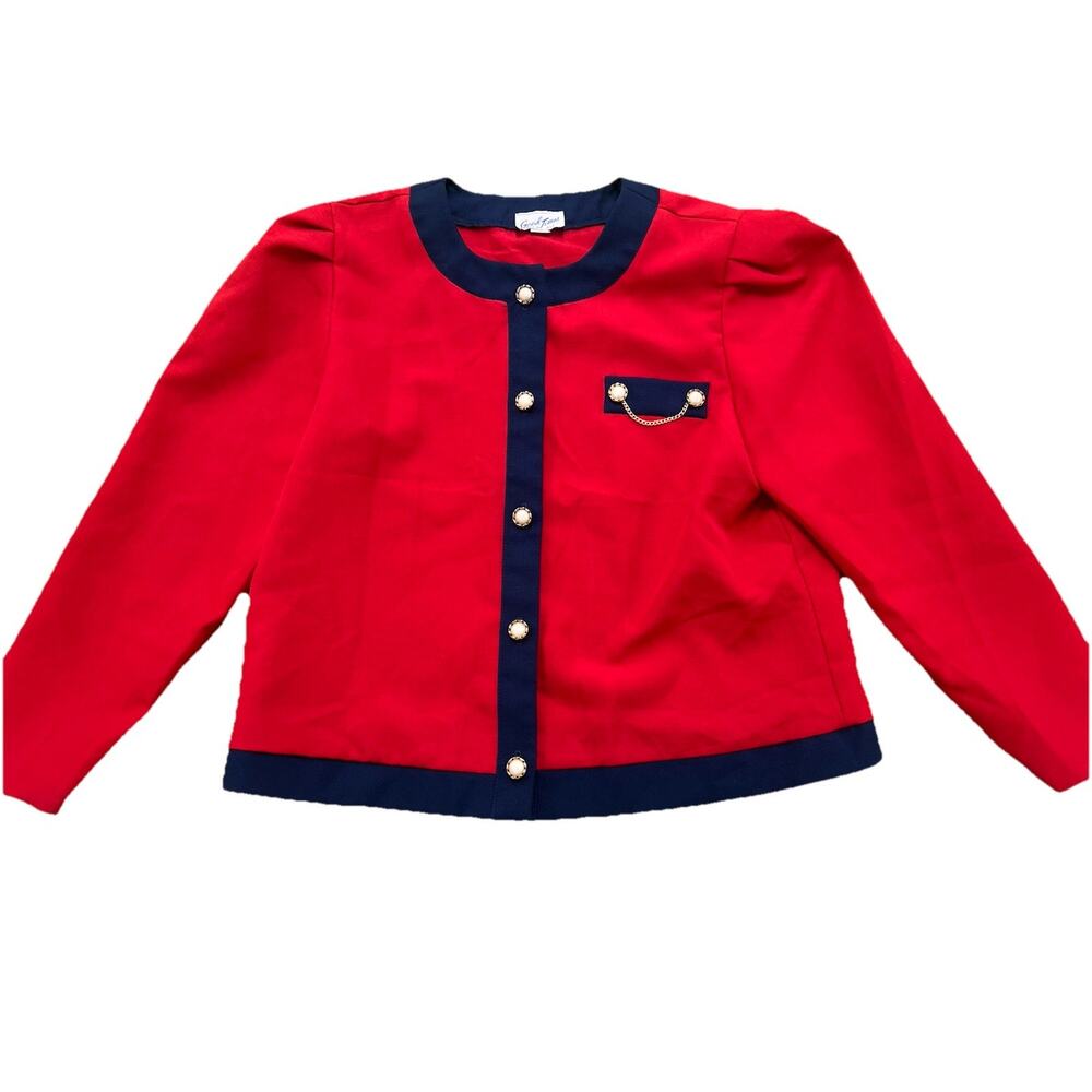 Vintage Goodtimes Red Navy Button Up Blazer Jacket Gold Chain Accent Womens M
